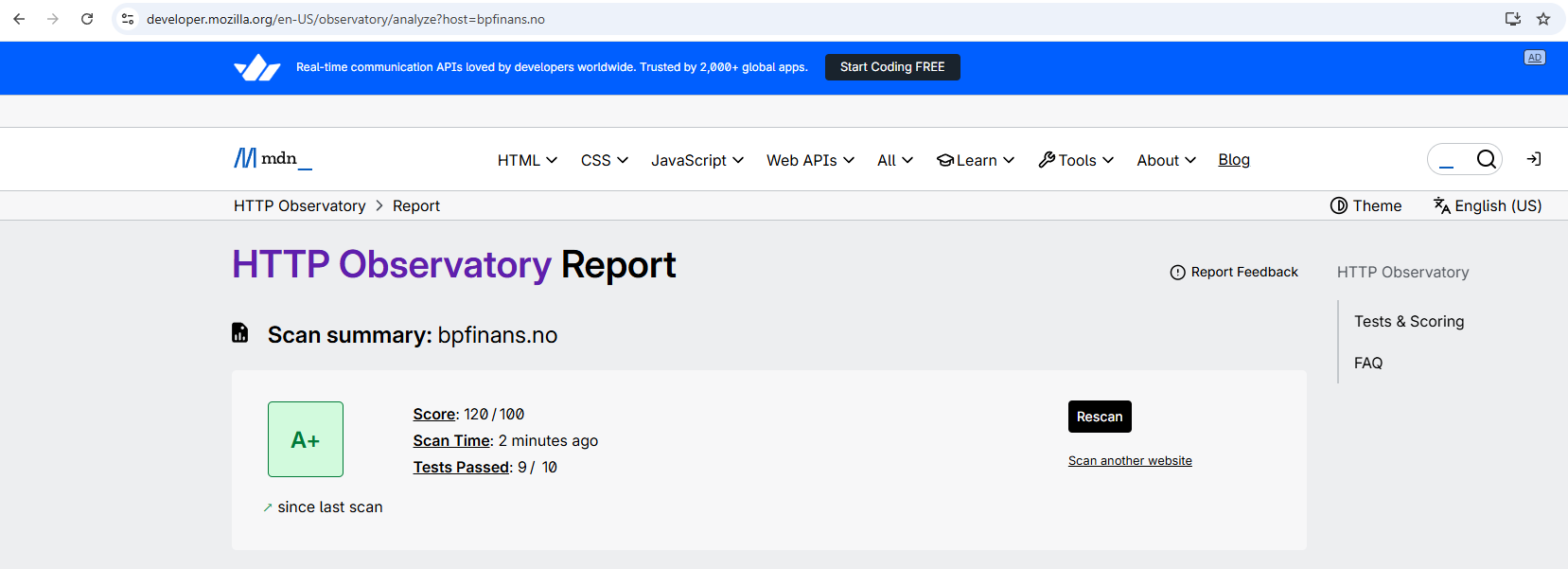 Mozilla Observatory A+ Rating